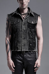Black Rivets Lapel Collar Sleeveless Mens Steampunk Vintage Denim Vest